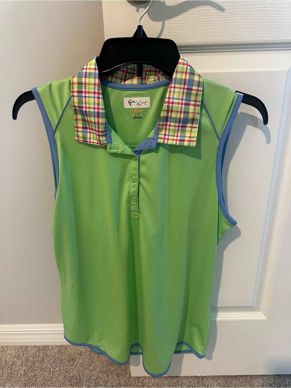Greg Norman Collection Lime Green Sleeveless Polo with Plaid Collar